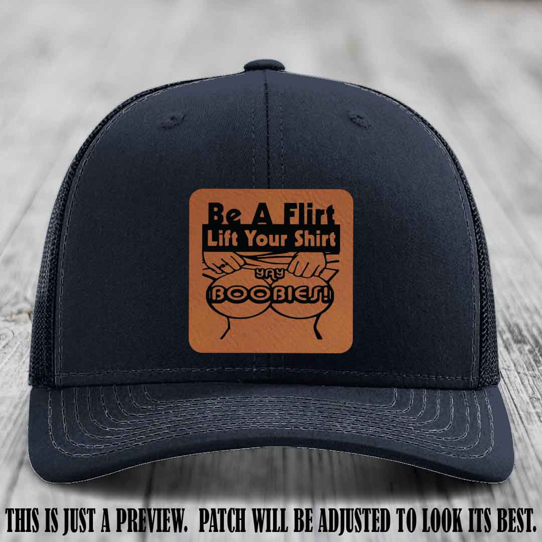 Be A Flirt Lift Your Shirt 🍈🍈 Richardson 112 Leather Patch Hat Rawhide to Black on Navy Hat