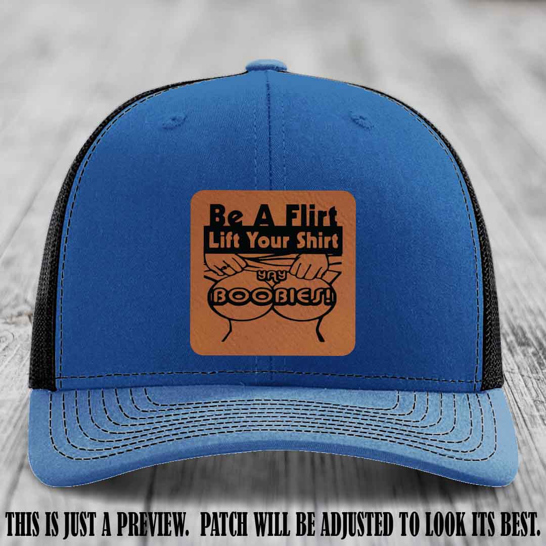Be A Flirt Lift Your Shirt 🍈🍈 Richardson 112 Leather Patch Hat Rawhide to Black on Royal to Black Hat