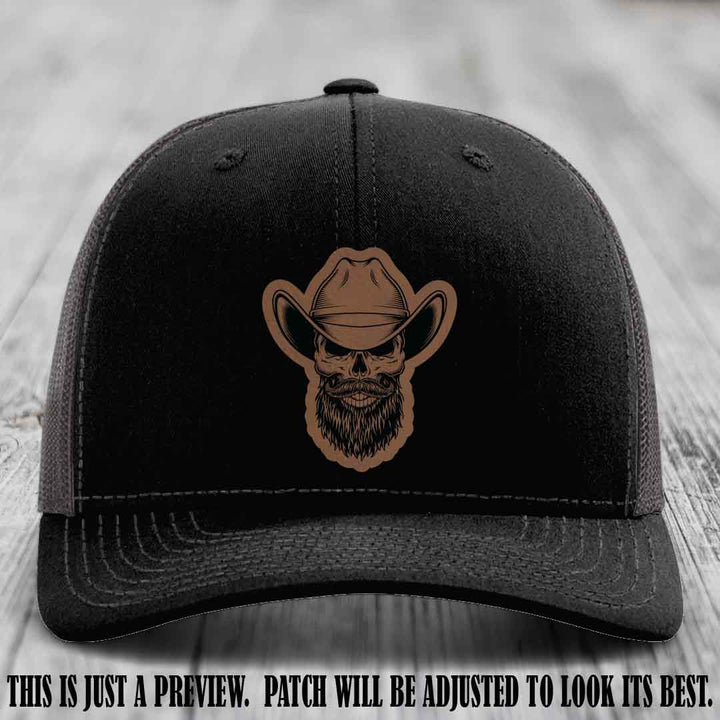 Bone Bro Cowboy 💀🤠 Dark Brown to Black Leather Patch on Black to Charcoal Hat - Richardson 112