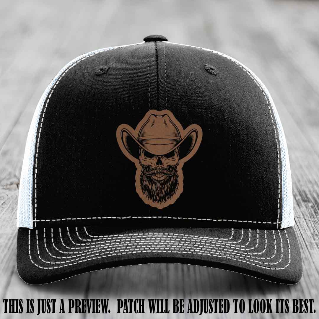 Bone Bro Cowboy 💀🤠 Dark Brown to Black Leather Patch on Black to White Hat - Richardson 112