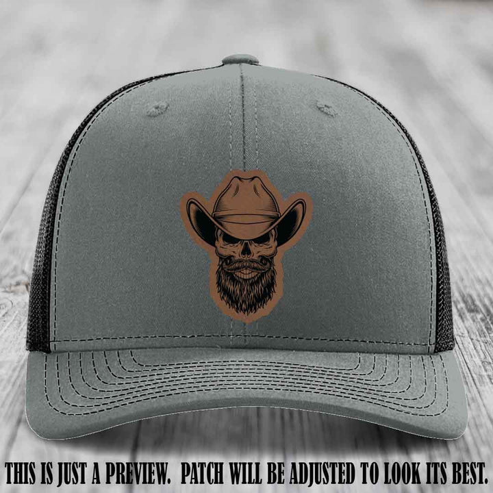 Bone Bro Cowboy 💀🤠 Dark Brown to Black Leather Patch on Heather Grey to Black Hat - Richardson 112