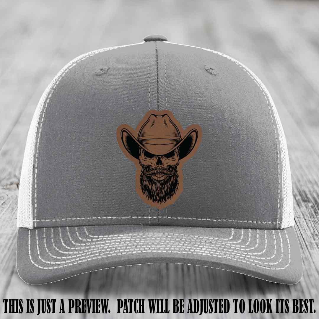 Bone Bro Cowboy 💀🤠 Dark Brown to Black Leather Patch on Heather Grey to White Hat - Richardson 112