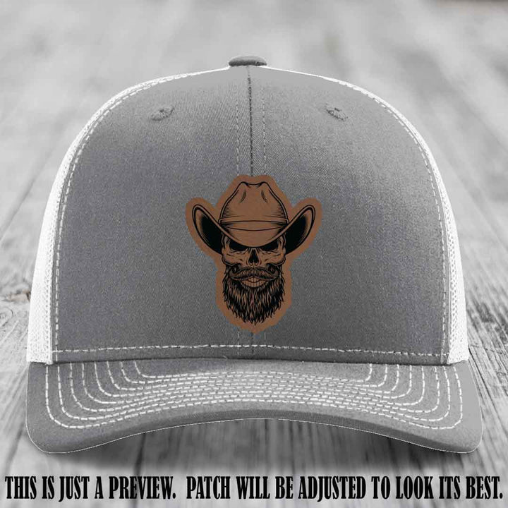 Bone Bro Cowboy 💀🤠 Dark Brown to Black Leather Patch on Heather Grey to White Hat - Richardson 112