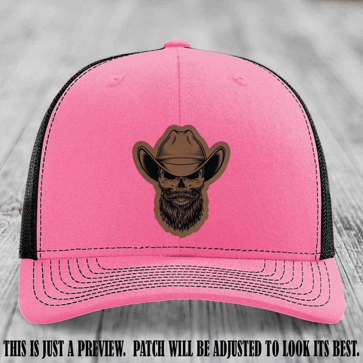 Bone Bro Cowboy 💀🤠 Dark Brown to Black Leather Patch on Hot Pink to Black Hat - Richardson 112