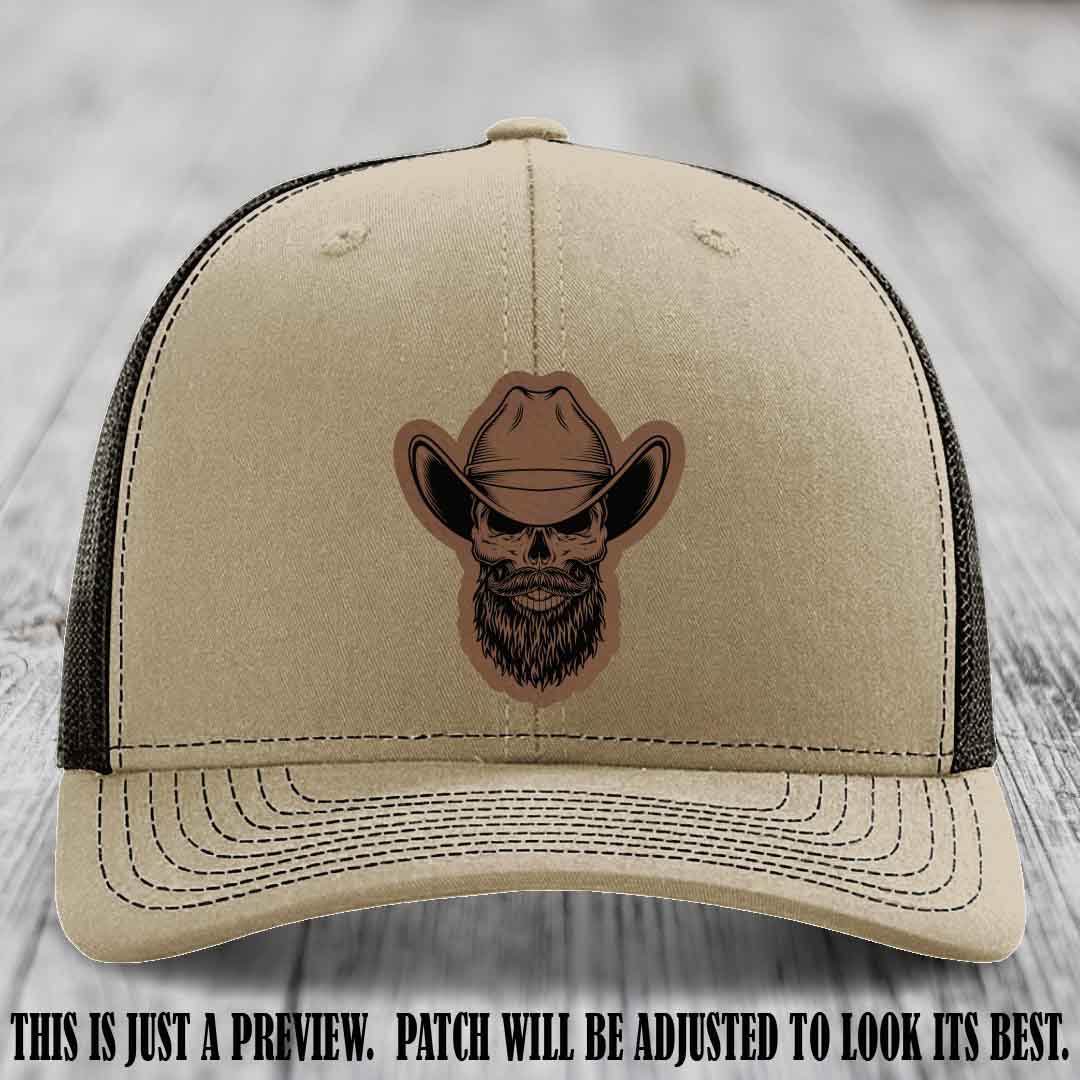 Bone Bro Cowboy 💀🤠 Dark Brown to Black Leather Patch on Khaki to Coffee Hat - Richardson 112