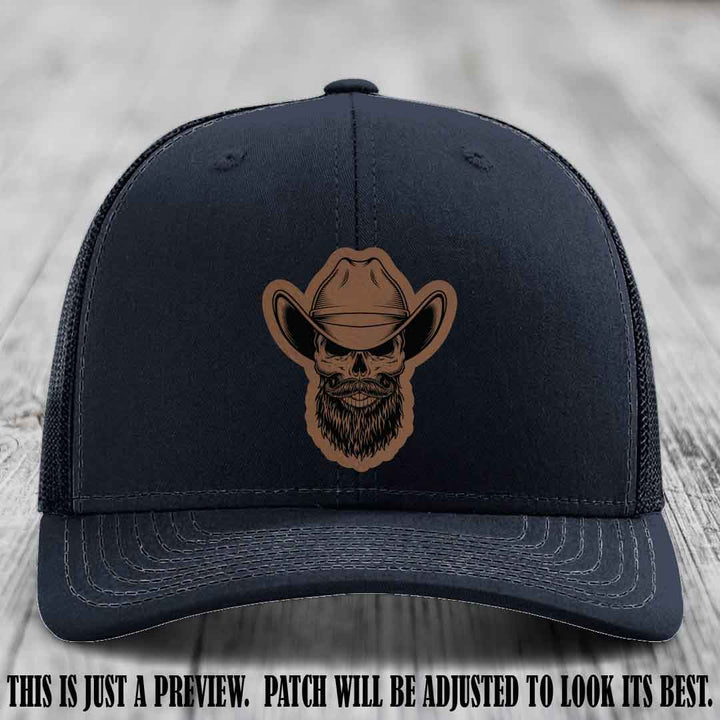 Bone Bro Cowboy 💀🤠 Dark Brown to Black Leather Patch on Navy Hat - Richardson 112