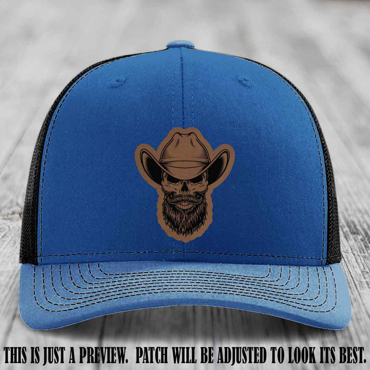 Bone Bro Cowboy 💀🤠 Dark Brown to Black Leather Patch on Royal to Black Hat - Richardson 112