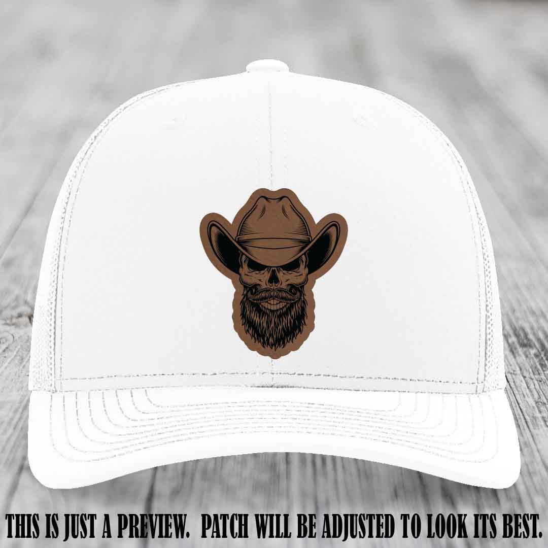 Bone Bro Cowboy 💀🤠 Dark Brown to Black Leather Patch on White Hat - Richardson 112