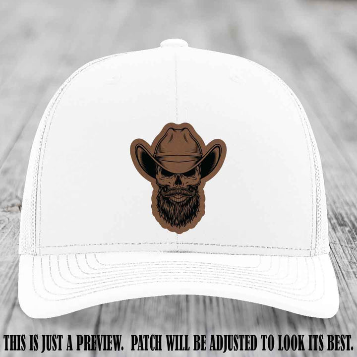 Bone Bro Cowboy 💀🤠 Dark Brown to Black Leather Patch on White Hat - Richardson 112