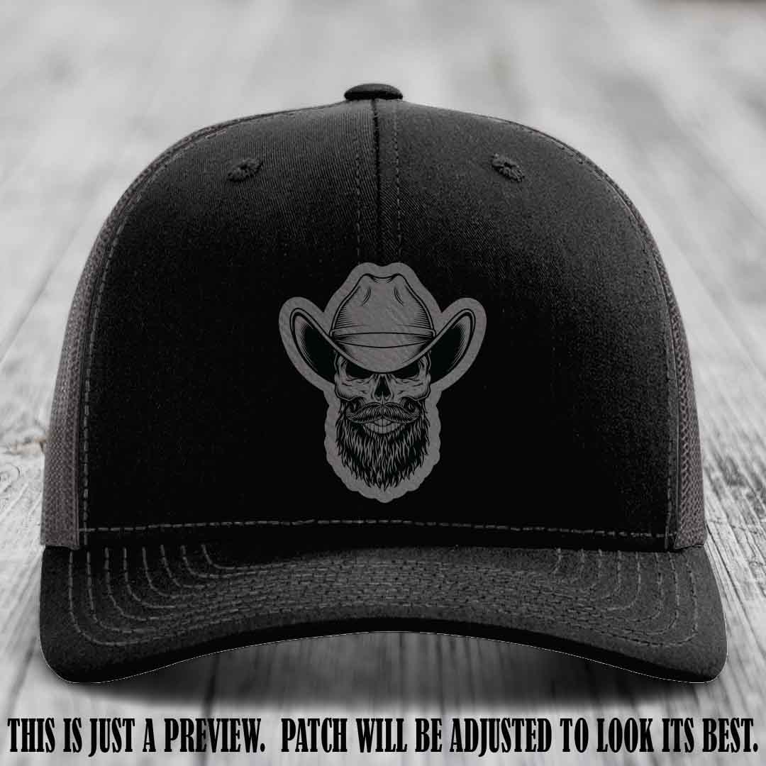 Bone Bro Cowboy 💀🤠 Grey to Black Leather Patch on Black to Charcoal Hat - Richardson 112