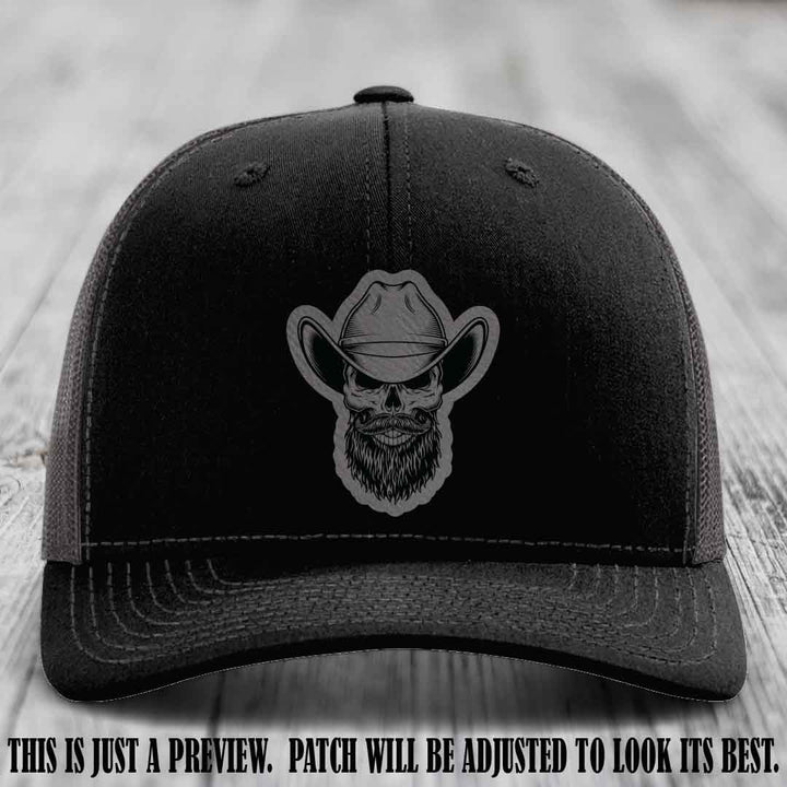 Bone Bro Cowboy 💀🤠 Grey to Black Leather Patch on Black to Charcoal Hat - Richardson 112