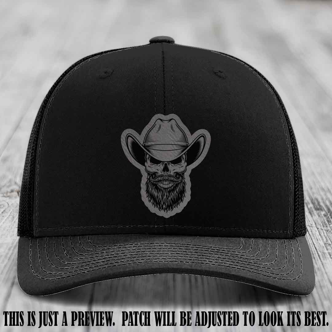 Bone Bro Cowboy 💀🤠 Grey to Black Leather Patch on Black Hat - Richardson 112