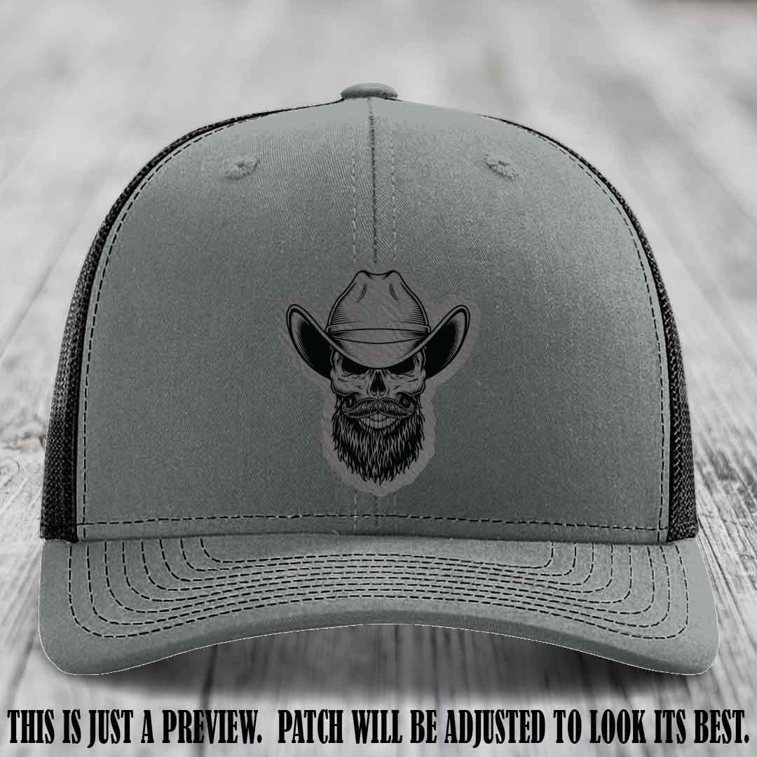Bone Bro Cowboy 💀🤠 Grey to Black Leather Patch on Heather Grey to Black Hat - Richardson 112