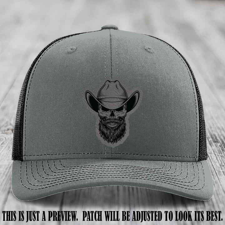 Bone Bro Cowboy 💀🤠 Grey to Black Leather Patch on Heather Grey to Black Hat - Richardson 112