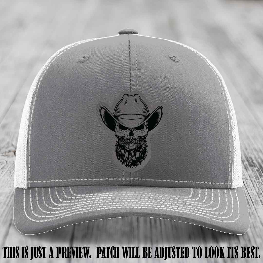 Bone Bro Cowboy 💀🤠 Grey to Black Leather Patch on Heather Grey to White Hat - Richardson 112