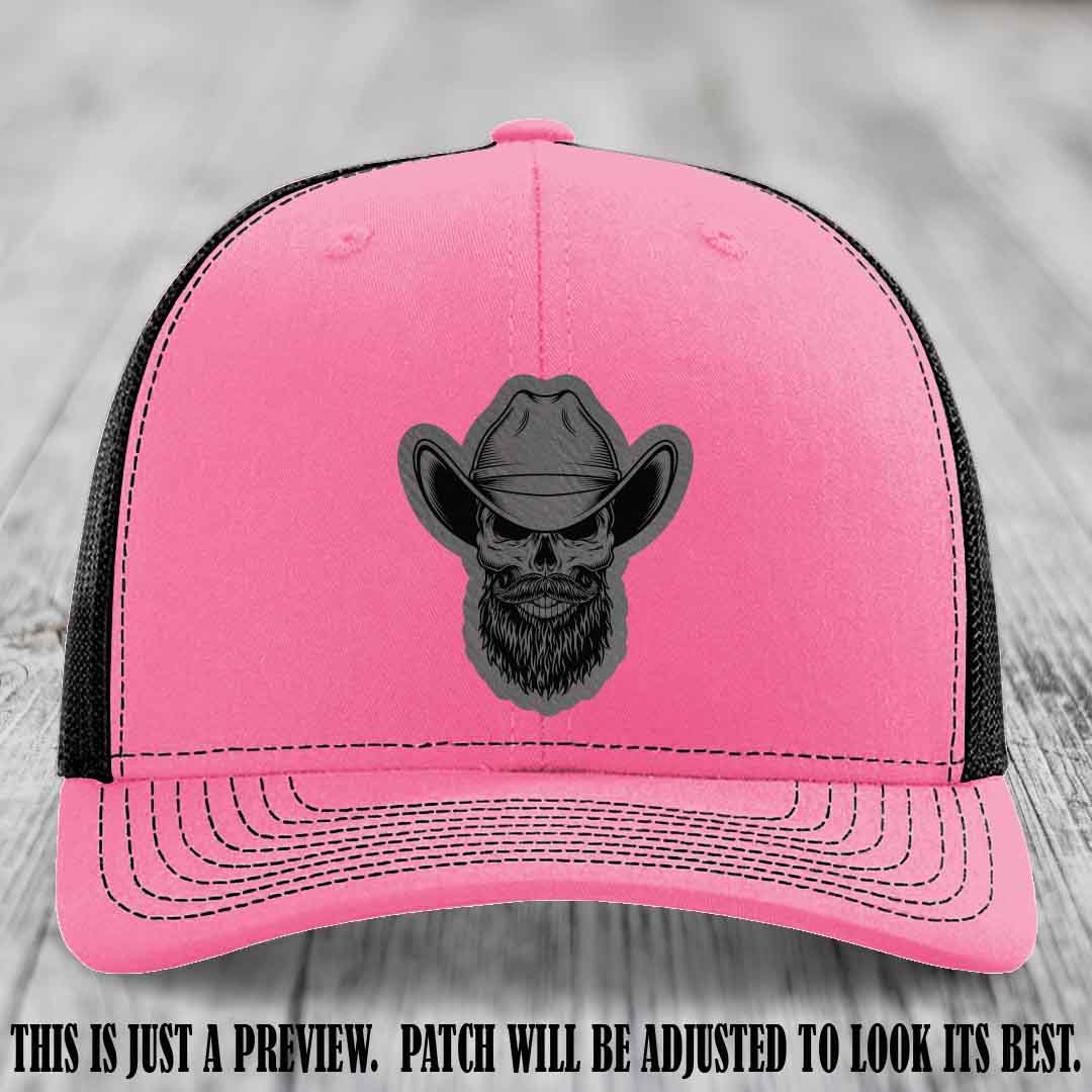Bone Bro Cowboy 💀🤠 Grey to Black Leather Patch on Hot Pink to Black Hat - Richardson 112