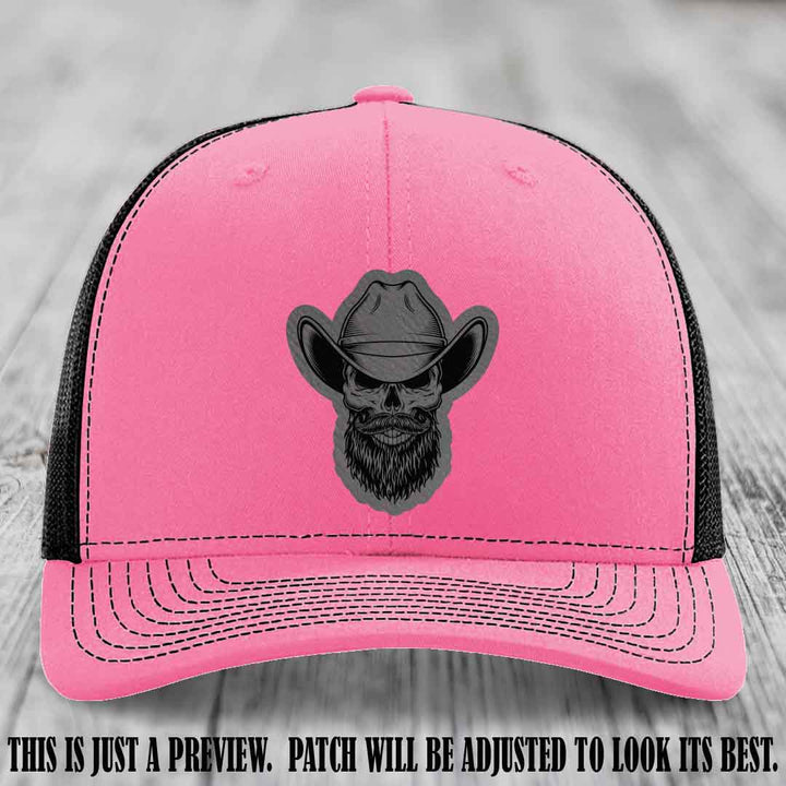 Bone Bro Cowboy 💀🤠 Grey to Black Leather Patch on Hot Pink to Black Hat - Richardson 112