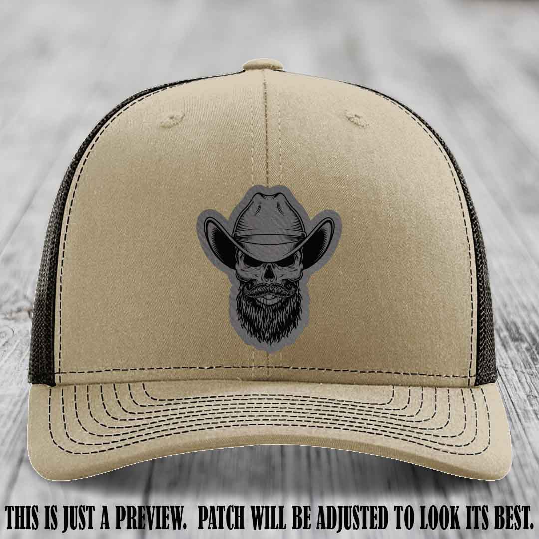 Bone Bro Cowboy 💀🤠 Grey to Black Leather Patch on Khaki to Coffee Hat - Richardson 112