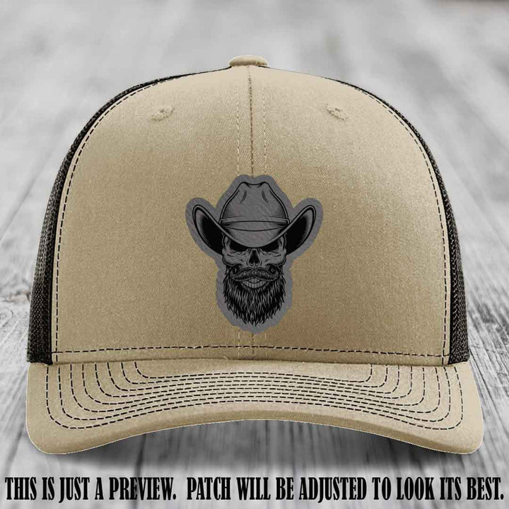Bone Bro Cowboy 💀🤠 Grey to Black Leather Patch on Khaki to Coffee Hat - Richardson 112