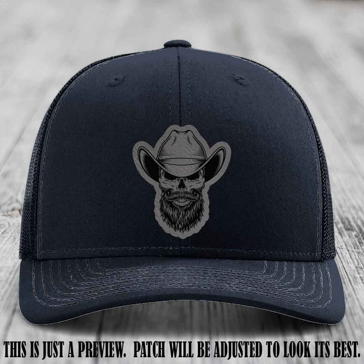 Bone Bro Cowboy 💀🤠 Grey to Black Leather Patch on Navy Hat - Richardson 112