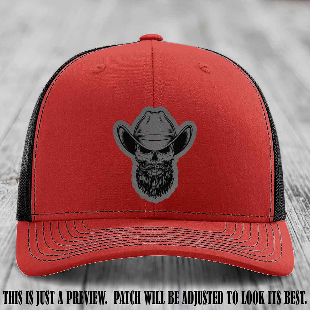 Bone Bro Cowboy 💀🤠 Grey to Black Leather Patch on Red to Black Hat - Richardson 112