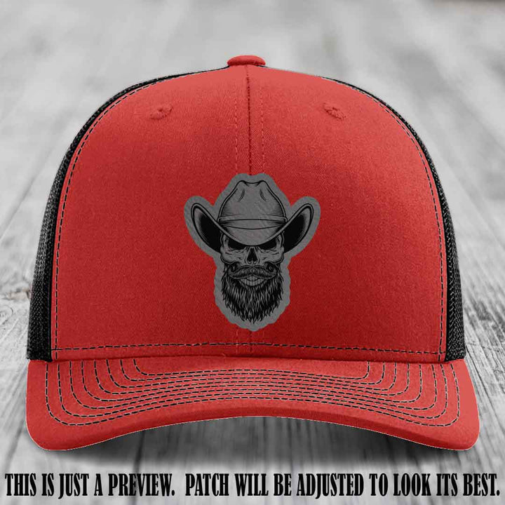 Bone Bro Cowboy 💀🤠 Grey to Black Leather Patch on Red to Black Hat - Richardson 112