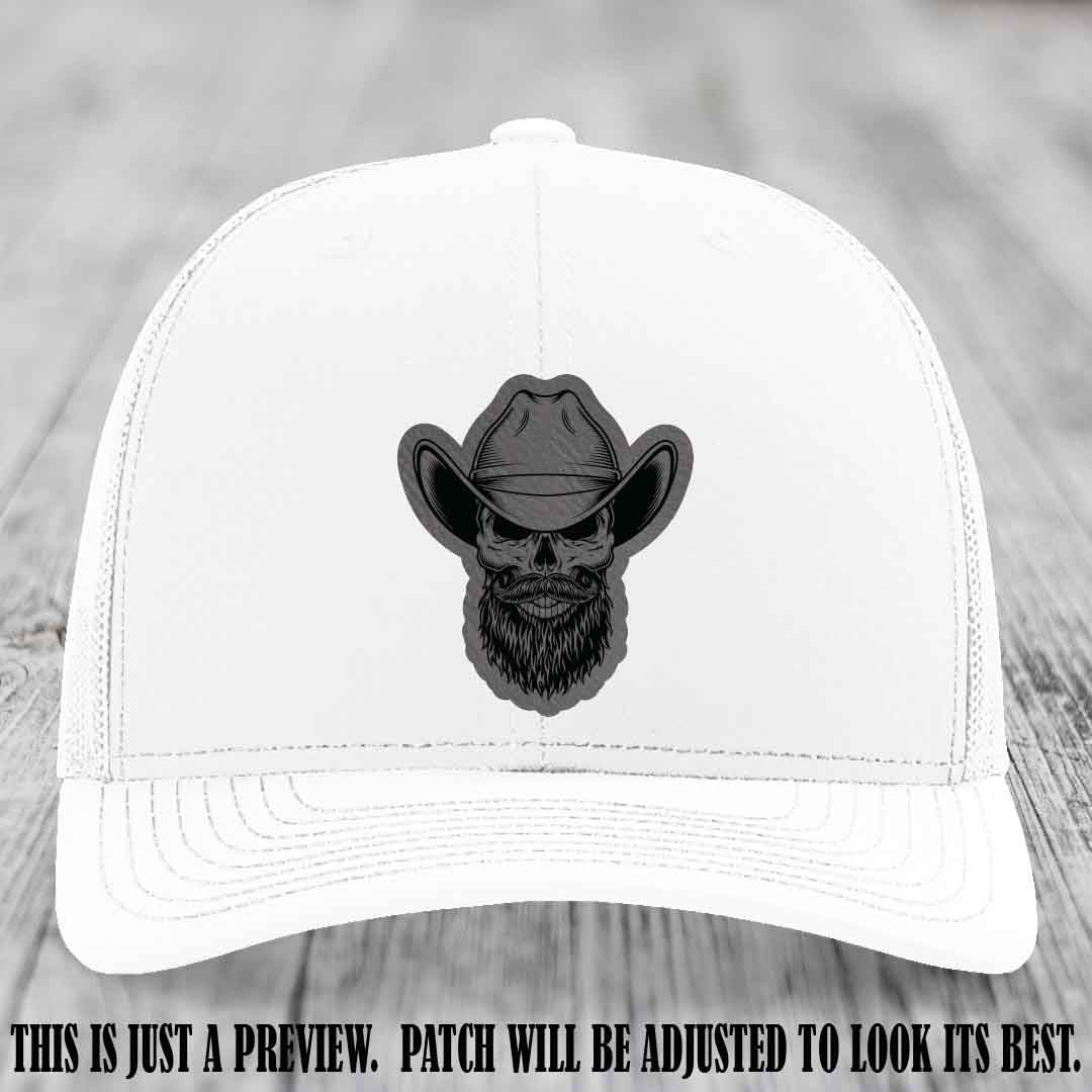 Bone Bro Cowboy 💀🤠 Grey to Black Leather Patch on White Hat - Richardson 112
