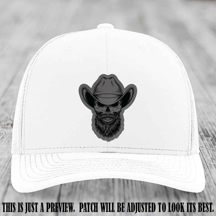 Bone Bro Cowboy 💀🤠 Grey to Black Leather Patch on White Hat - Richardson 112