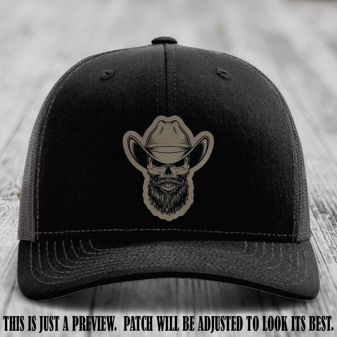 Bone Bro Cowboy 💀🤠 Light Brown to Black Leather Patch on Black to Charcoal Hat - Richardson 112