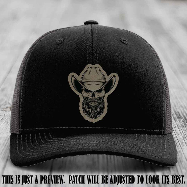 Bone Bro Cowboy 💀🤠 Light Brown to Black Leather Patch on Black to Charcoal Hat - Richardson 112
