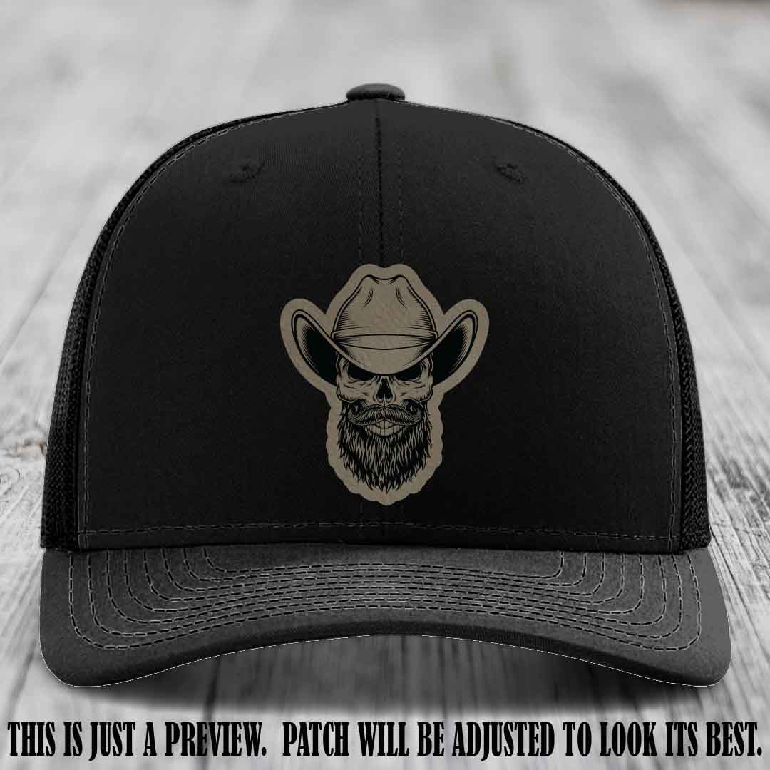 Bone Bro Cowboy 💀🤠 Light Brown to Black Leather Patch on Black Hat - Richardson 112