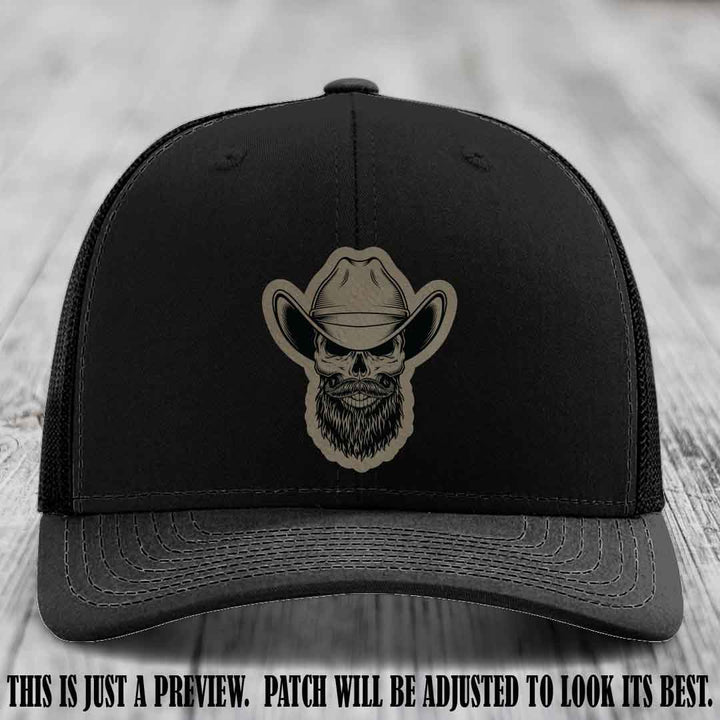 Bone Bro Cowboy 💀🤠 Light Brown to Black Leather Patch on Black Hat - Richardson 112
