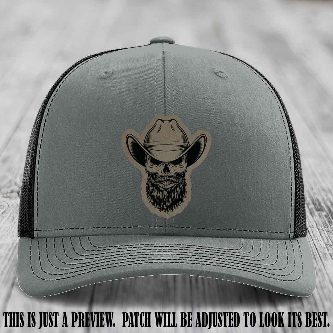 Bone Bro Cowboy 💀🤠 Light Brown to Black Leather Patch on Heather Grey to Black Hat - Richardson 112