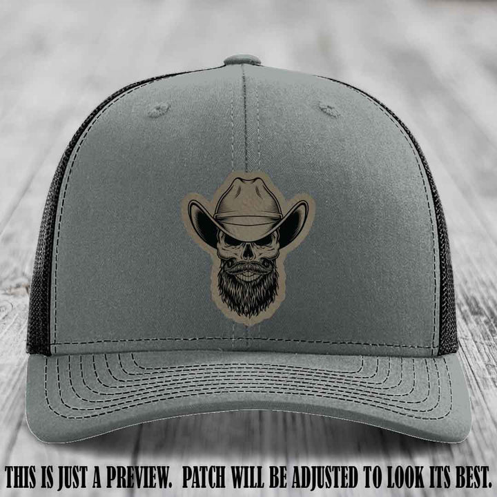 Bone Bro Cowboy 💀🤠 Light Brown to Black Leather Patch on Heather Grey to Black Hat - Richardson 112
