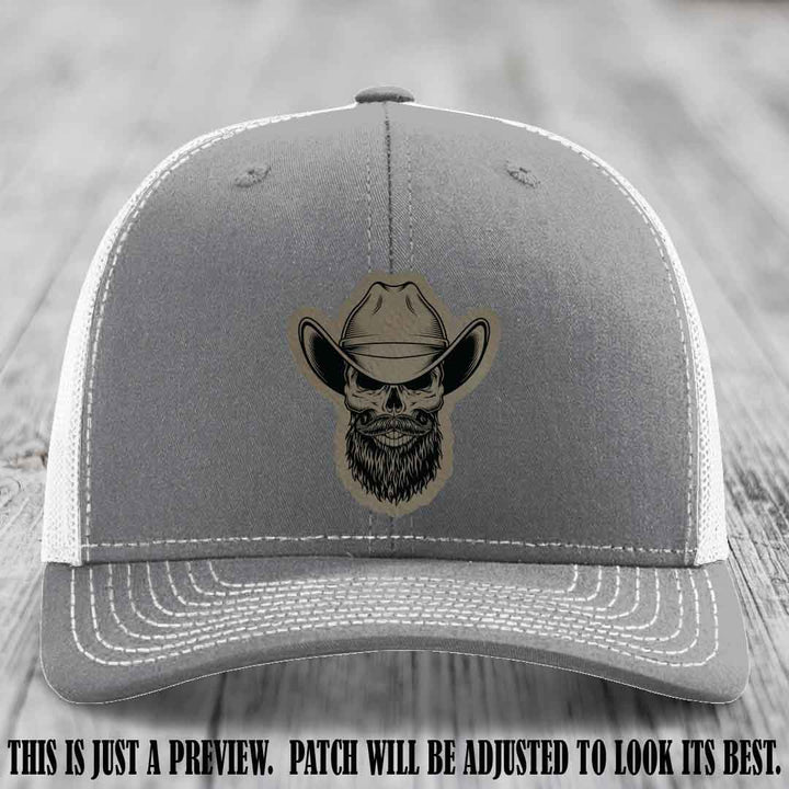 Bone Bro Cowboy 💀🤠 Light Brown to Black Leather Patch on Heather Grey to White Hat - Richardson 112
