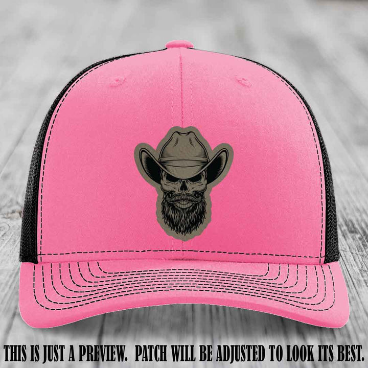Bone Bro Cowboy 💀🤠 Light Brown to Black Leather Patch on Hot Pink to Black Hat - Richardson 112