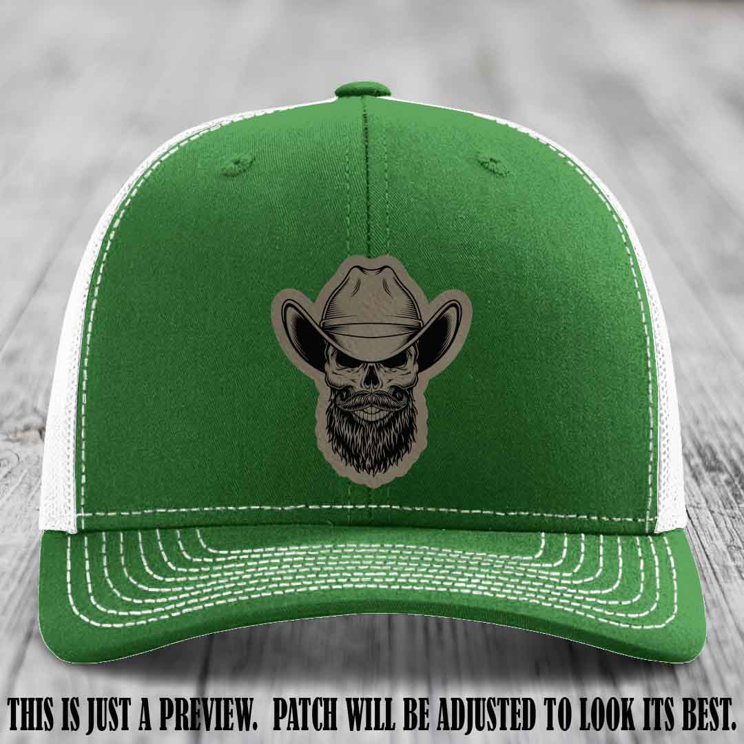 Bone Bro Cowboy 💀🤠 Light Brown to Black Leather Patch on Kelly to White Hat - Richardson 112