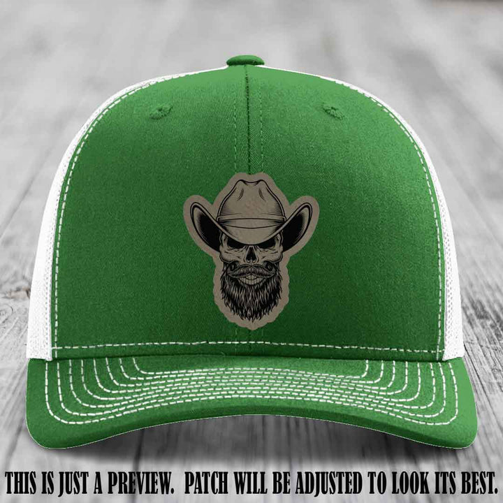 Bone Bro Cowboy 💀🤠 Light Brown to Black Leather Patch on Kelly to White Hat - Richardson 112