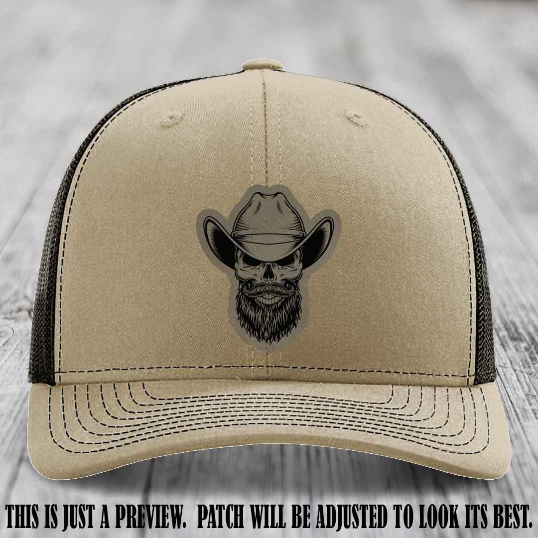 Bone Bro Cowboy 💀🤠 Light Brown to Black Leather Patch on Khaki to Coffee Hat - Richardson 112