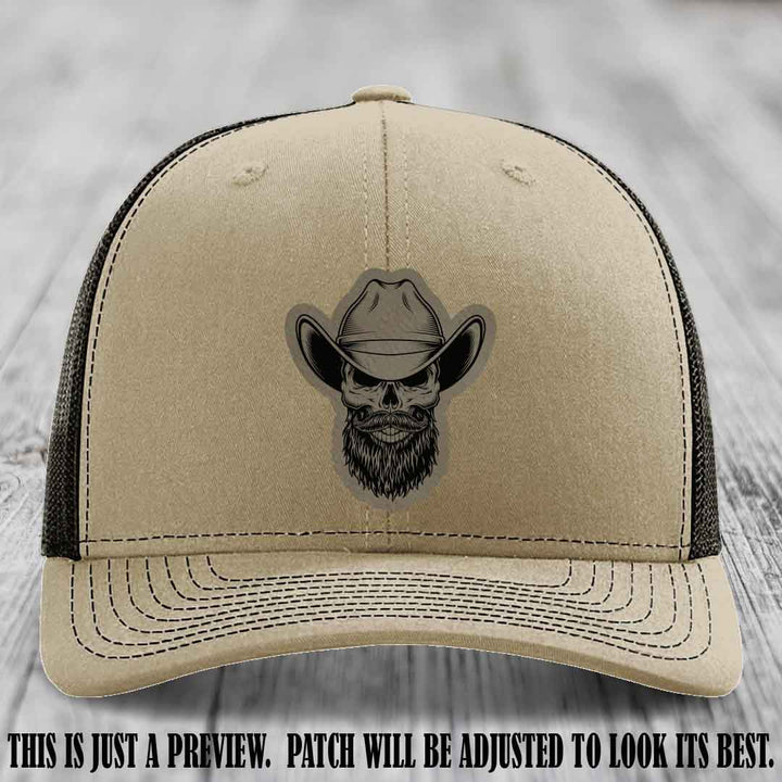 Bone Bro Cowboy 💀🤠 Light Brown to Black Leather Patch on Khaki to Coffee Hat - Richardson 112