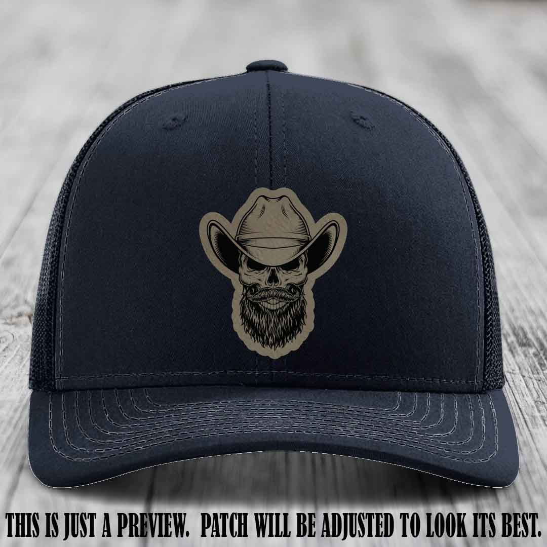 Bone Bro Cowboy 💀🤠 Light Brown to Black Leather Patch on Navy Hat - Richardson 112