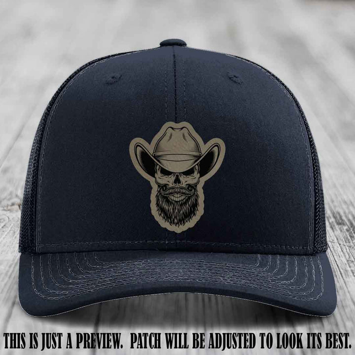 Bone Bro Cowboy 💀🤠 Light Brown to Black Leather Patch on Navy Hat - Richardson 112