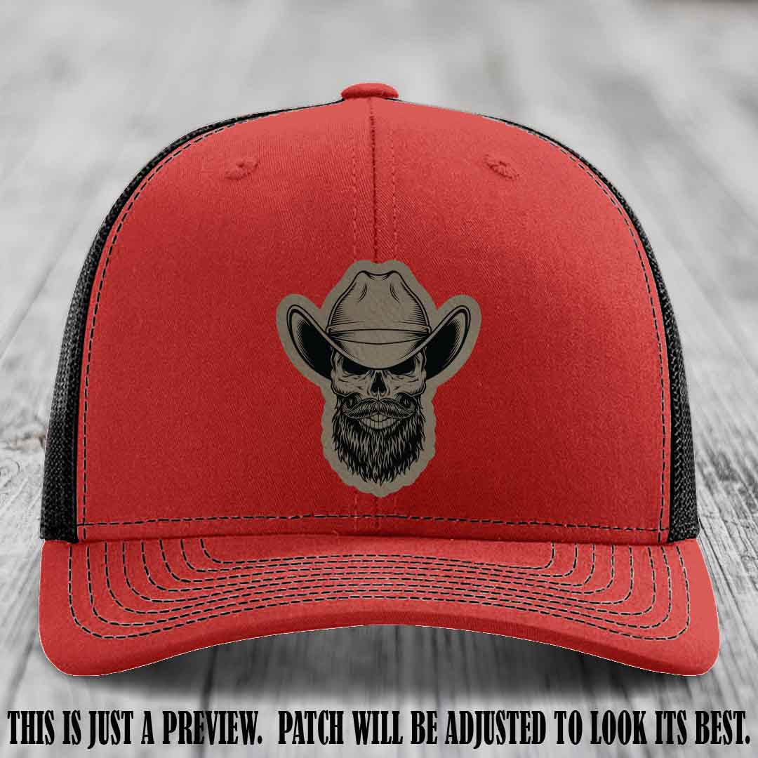 Bone Bro Cowboy 💀🤠 Light Brown to Black Leather Patch on Red to Black Hat - Richardson 112