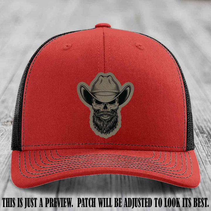Bone Bro Cowboy 💀🤠 Light Brown to Black Leather Patch on Red to Black Hat - Richardson 112