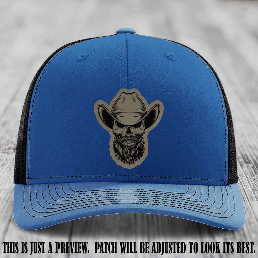 Bone Bro Cowboy 💀🤠 Light Brown to Black Leather Patch on Royal to Black Hat - Richardson 112