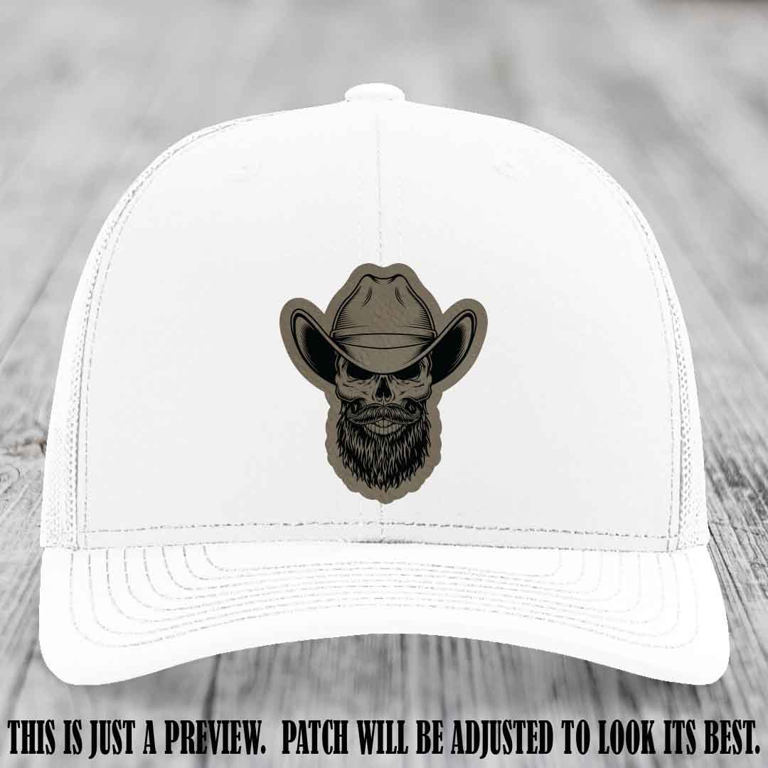 Bone Bro Cowboy 💀🤠 Light Brown to Black Leather Patch on White Hat - Richardson 112