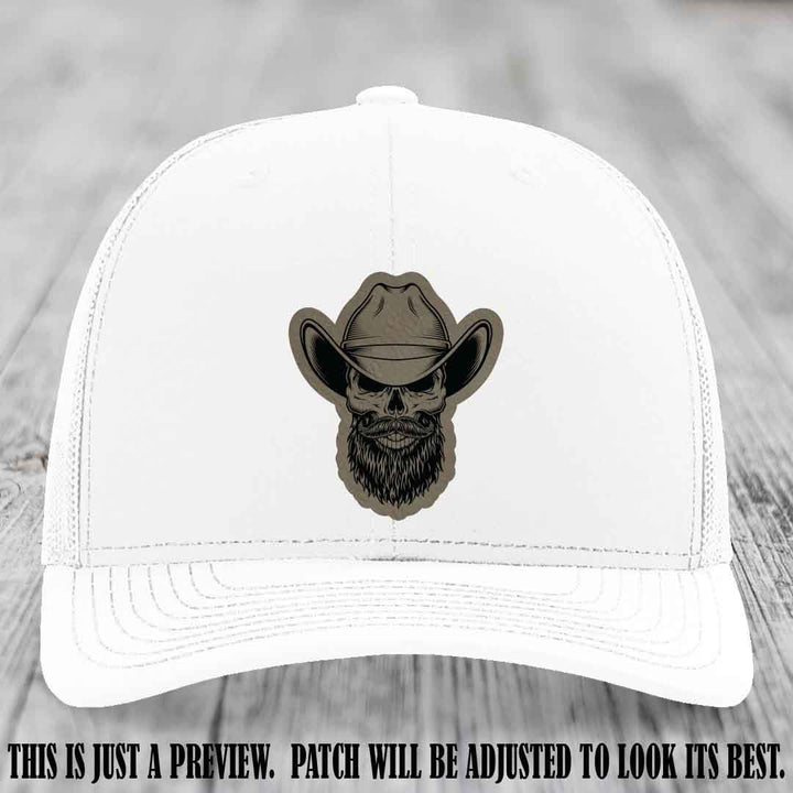 Bone Bro Cowboy 💀🤠 Light Brown to Black Leather Patch on White Hat - Richardson 112