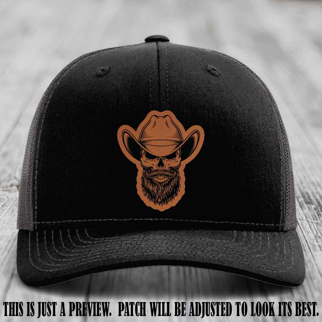 Bone Bro Cowboy 💀🤠 Rawhide to Black Leather Patch on Black to Charcoal Hat - Richardson 112