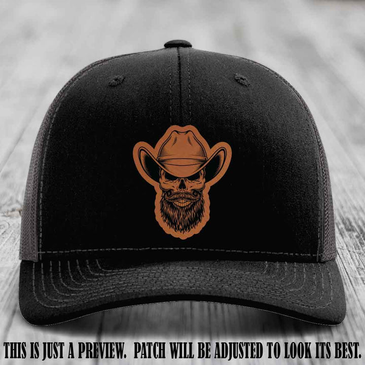 Bone Bro Cowboy 💀🤠 Rawhide to Black Leather Patch on Black to Charcoal Hat - Richardson 112