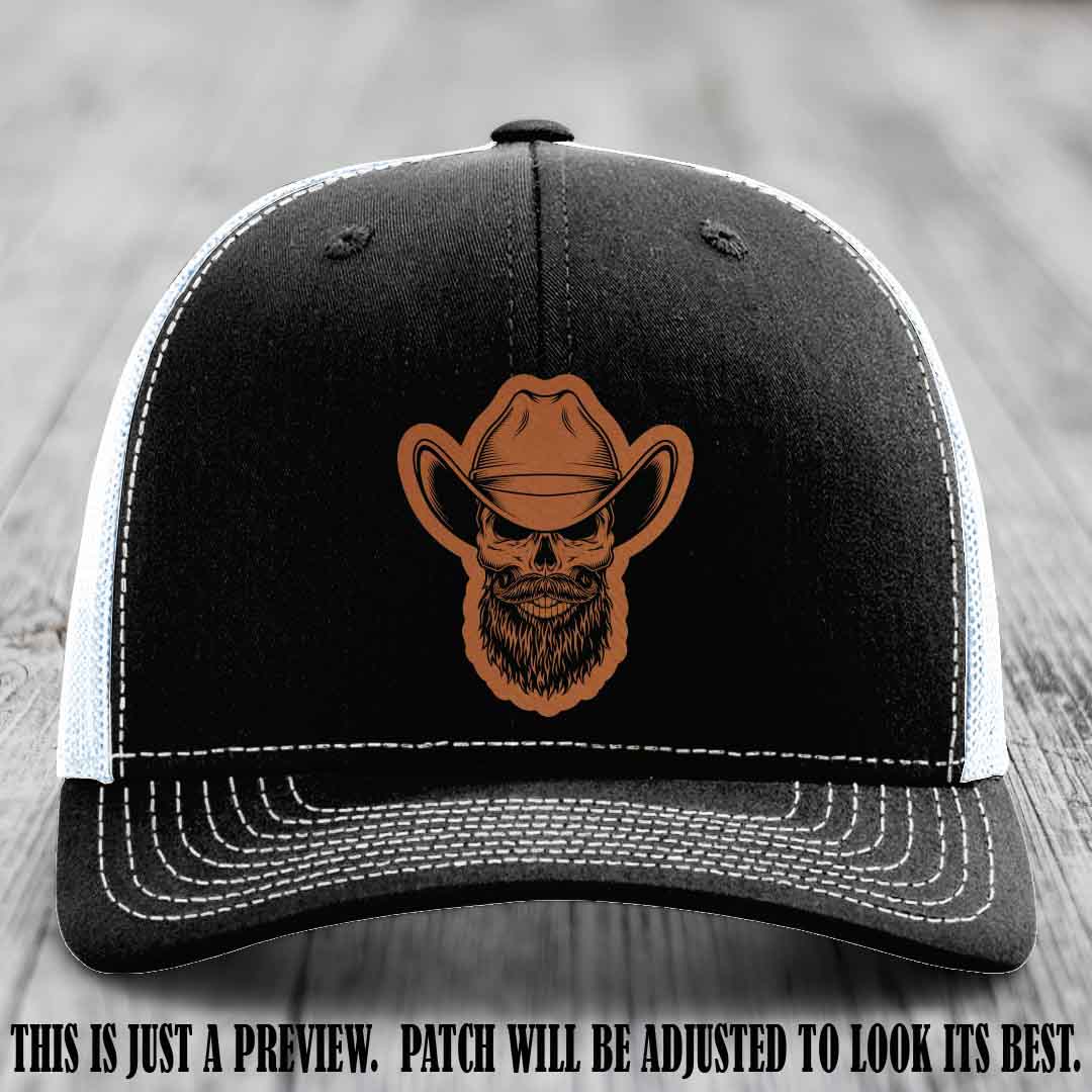 Bone Bro Cowboy 💀🤠 Rawhide to Black Leather Patch on Black to White Hat - Richardson 112